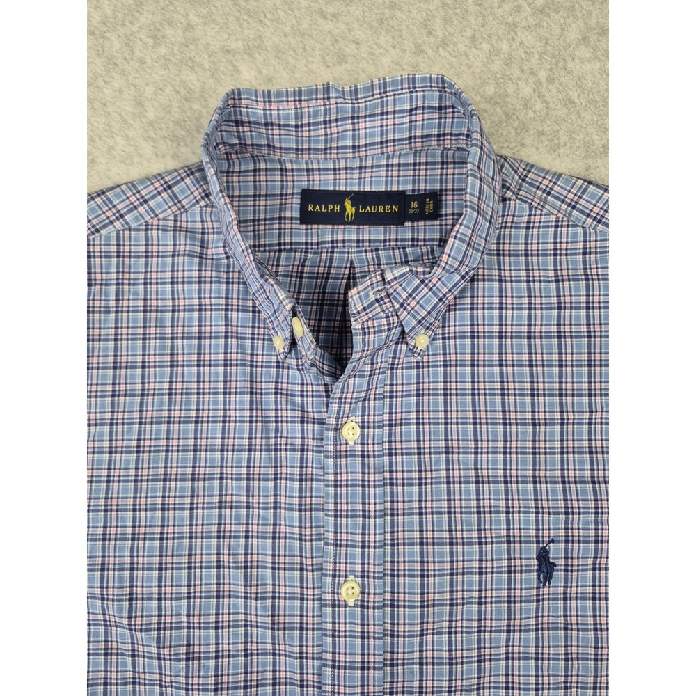 Ralph Lauren Men's Plaid Long Sleeve Shirt‎ Size 16-32/33 Medium Blue Pink
